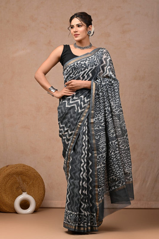 Grey & Off White Coloured Hand Block Printed Women Designer Party wear Chanderi Cotton Silk Saree with Runnin Blouse!!