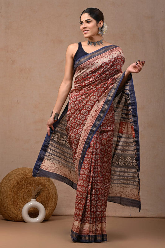 Red & Multi Coloured Hand Block Printed Women Designer Party wear Maheshwari Cotton Silk Saree with Runnin Blouse!!