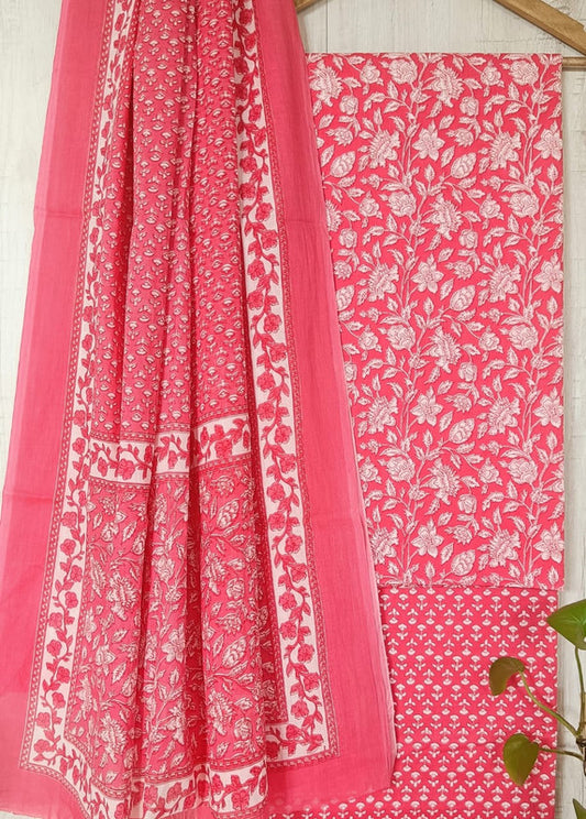 Pink & White Coloured Unstitched Pure Cotton Hand Block Printed Women Party/Daily wear Dress Material Suit- Top with Bottom & Cotton Dupatta!!