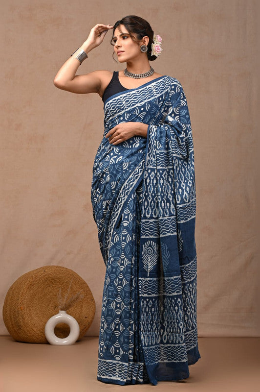 Blue & White Coloured Hand Block Bagru, Dabu & Batik Dye Print Women Designer Party wear Pure Cotton Saree with Runnin Blouse!!