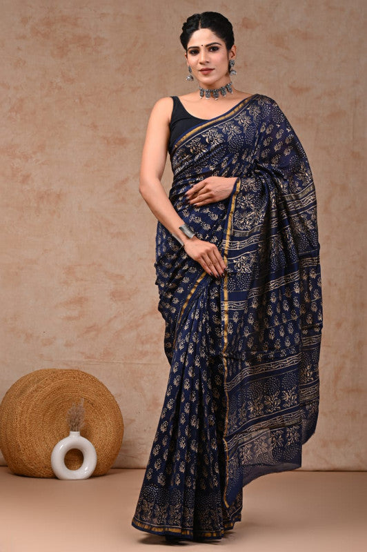 Navy Blue Coloured Hand Block Printed Women Designer Party wear Chanderi Cotton Silk Saree with Runnin Blouse!!