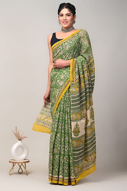 Green & Yellow Coloured Beautiful Hand Block printed Women Daily/Party wear Pure Cotton Saree with Blouse!!