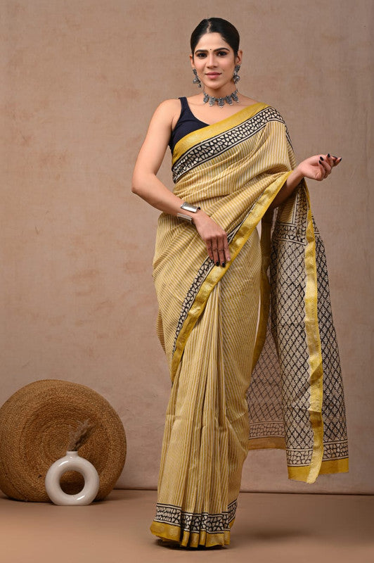 Yellow & Multi Coloured Hand Block Printed Women Designer Party wear Maheshwari Cotton Silk Saree with Runnin Blouse!!