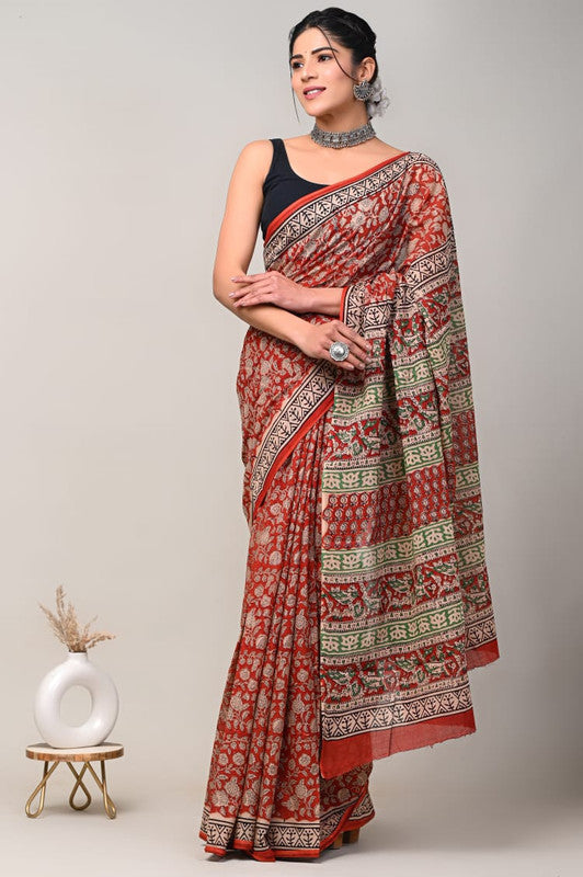 Red & Multi Coloured Beautiful Hand Block printed Women Daily/Party wear Pure Cotton Saree with Blouse!!