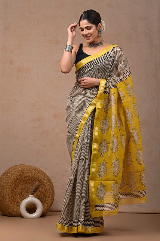 Beige & Multi Coloured Hand Block Printed Women Designer Party wear Maheshwari Cotton Silk Saree with Runnin Blouse!!