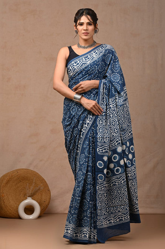 Blue & White Coloured Hand Block Bagru, Dabu & Batik Dye Print Women Designer Party wear Pure Cotton Saree with Runnin Blouse!!