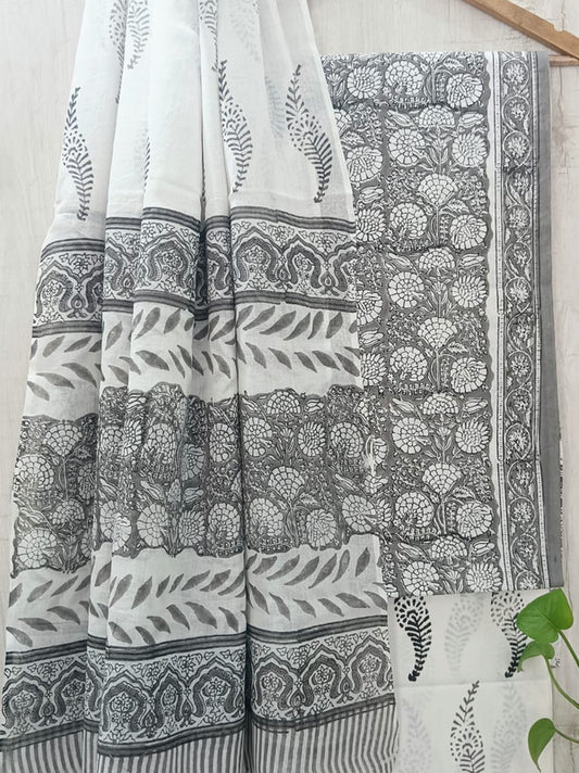 Grey & White Coloured Unstitched Pure Cotton Hand Block Printed Women Party/Daily wear Dress Material Suit- Top with Bottom & Cotton Dupatta!!