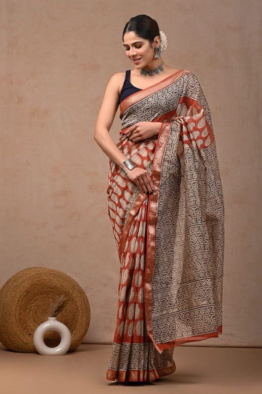 Brick Red & Multi Coloured Hand Block Printed Women Designer Party wear Maheshwari Cotton Silk Saree with Runnin Blouse!!