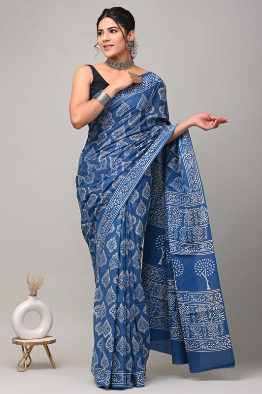 Blue & White Coloured Beautiful Hand Block printed Women Daily/Party wear Pure Cotton Saree with Blouse!!