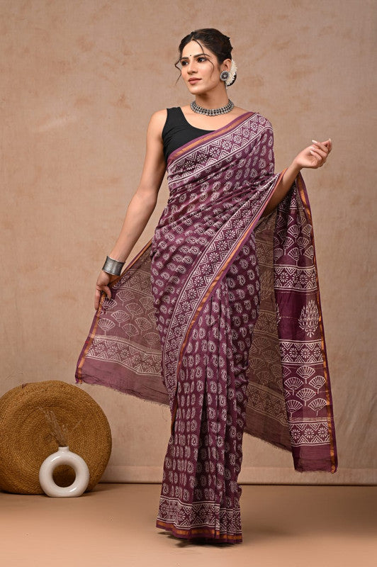 Wine & Off White Coloured Hand Block Printed Women Designer Party wear Chanderi Cotton Silk Saree with Runnin Blouse!!