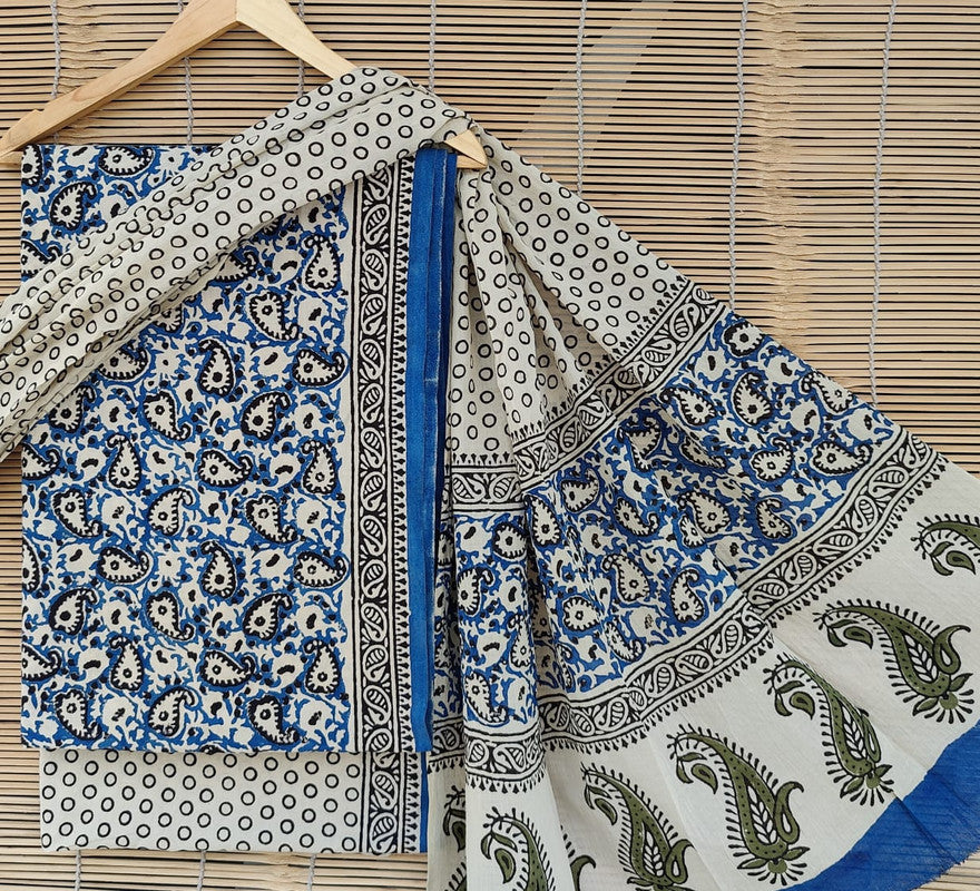 Blue & Multi Coloured Unstitched Pure Cotton Hand Block Printed Women Party/Daily wear Dress Material Suit- Top with Bottom & Cotton Dupatta!!