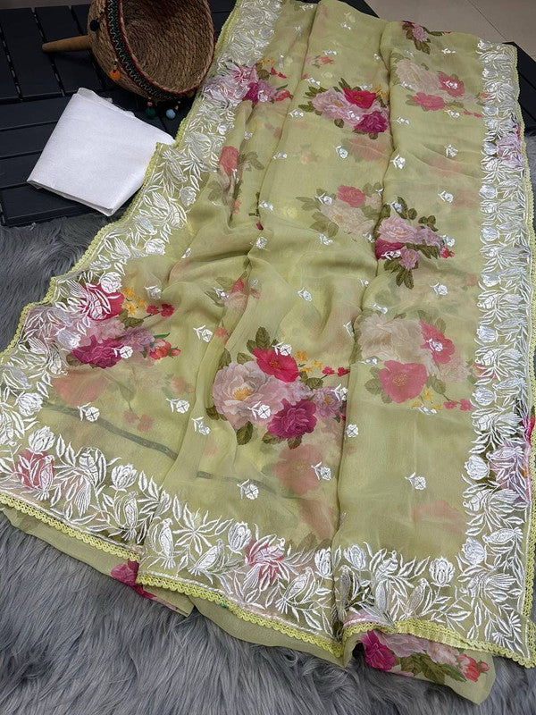 Pista Green & Multi Coloured with Digital printed embroidery & Chikankari Work Women Designer Party wear Georgette Silk Fancy Saree with Blouse!!