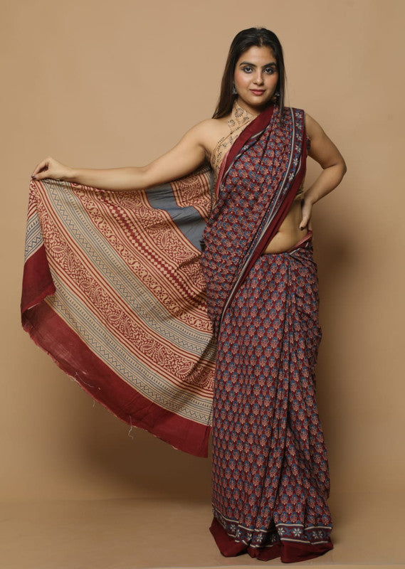 Maroon & Beige Coloured Beautiful Hand Block printed Women Daily/Party wear Pure Mul Cotton Saree with Blouse!!