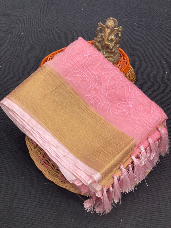 Pink Coloured Heavy Soft Organza Silk with Jacquard Zari Border Embroidery work & Chit pallu Women Party wear Silk Saree with Blouse!!