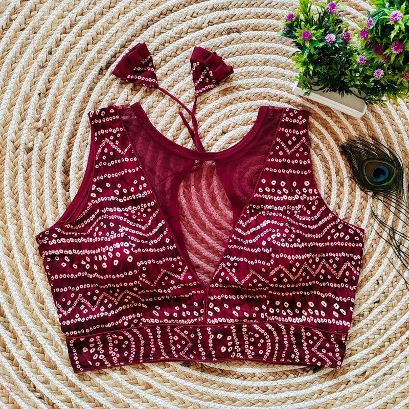 Maroon Coloured Premium Rayon Cotton with Foil Print & Net Woman Ready made Designer fancy Blouse- Free Size Up to 40 Inch!!