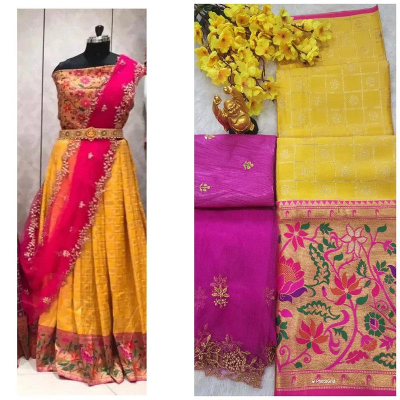 Yellow & Pink Coloured Kanjiveram Silk Zari Lehanga With Blouse Along With Heavy Embroidery Cut Work Dupatta Woman Designer Half Saree Lehenga!!