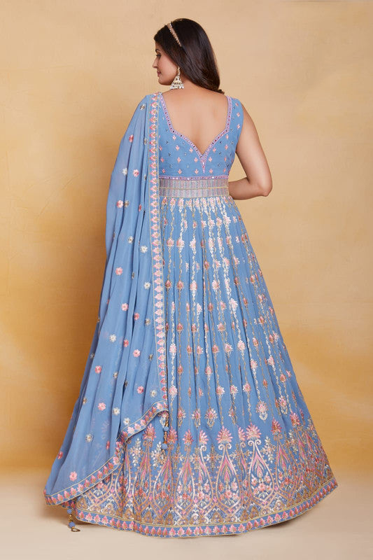 Sky Blue Floral Sequins Embroidered Net Lehenga Choli
