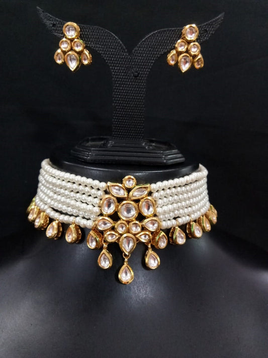 White & Gold Coloured Pure Brass Real Kundan Gold Plating Meenakari work Women Designer Choker Jewellery set with Earrings!!