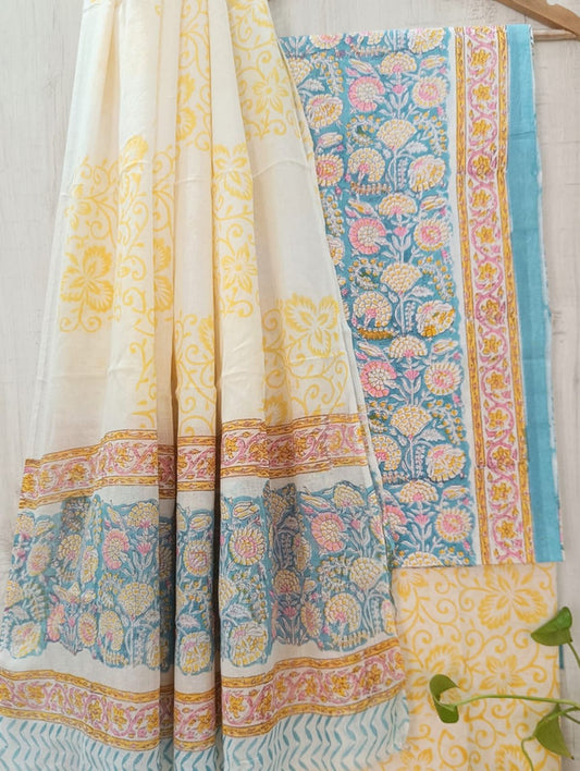 Sky Blue & Mustard Yellow Coloured Unstitched Pure Cotton Hand Block Printed Women Party/Daily wear Dress Material Suit- Top with Bottom & Cotton Dupatta!!