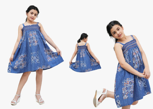 Blue Coloured Designer Printed Polireyon Girls Western Frock!!