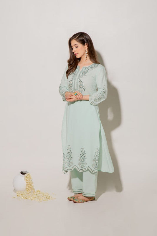 Full embroidered kurti with white pants-Roys3698