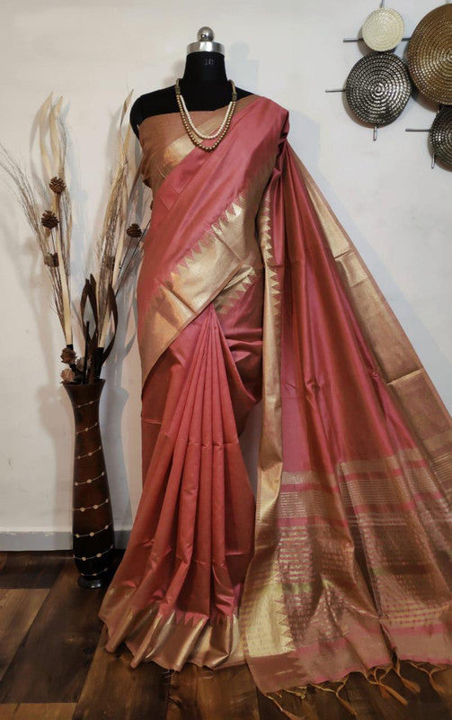 Peach & Gold Coloured Aasam Silk Weaving saree with Zari woven Temple Border Women Designer Party wear Silk Saree with Blouse!!