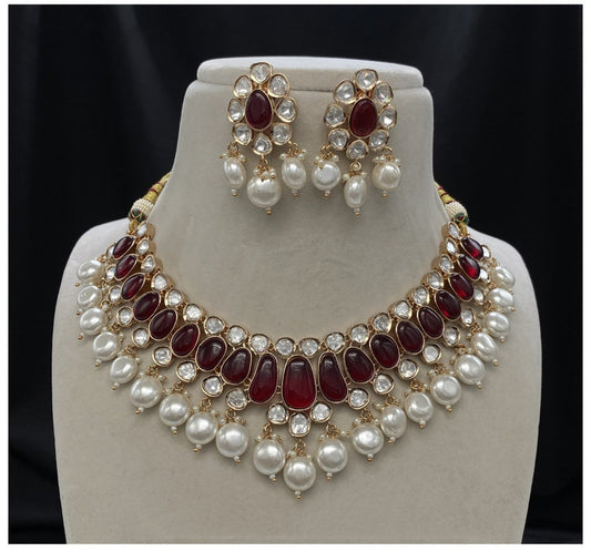 Gold & Maroon Coloured Pure Brass with Real Kundan & Pearls Women One Gram Gold Designer Necklace with Earrings!!