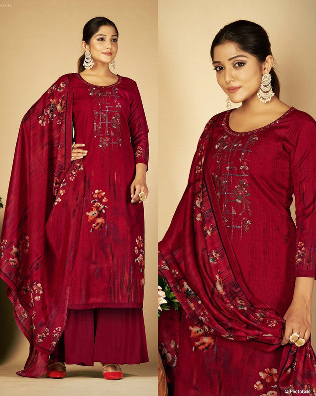 Maroon Coloured Premium Soft Cotton Printed Embroidery Work & Swarovski work Top with Plazzo & Dupatta Set!!