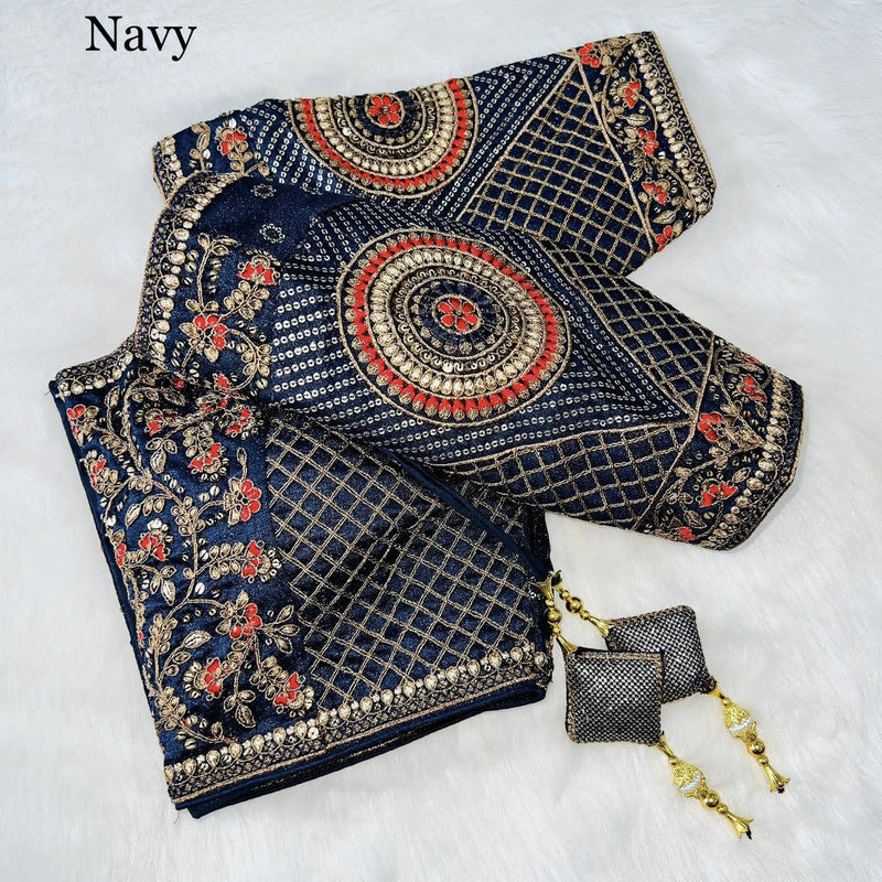 Navy Blue Coloured Copper Jari Heavy Embroidery Milan Silk Wedding Bridal designer Ready made Blouse!!