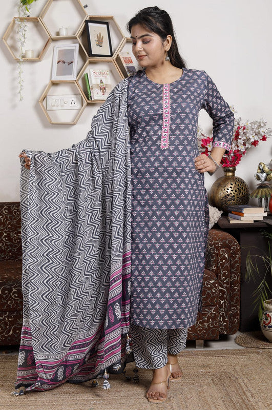 Grey & Pink Coloured Exclusive Pure Cotton Printed Designer Partywear Kurti with Salwar & Dupatta with Tassels!!