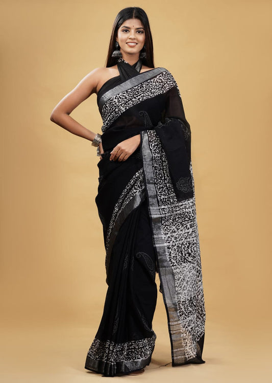 Black Coloured Linen Hand Block Print Saree with Linen Blouse!!