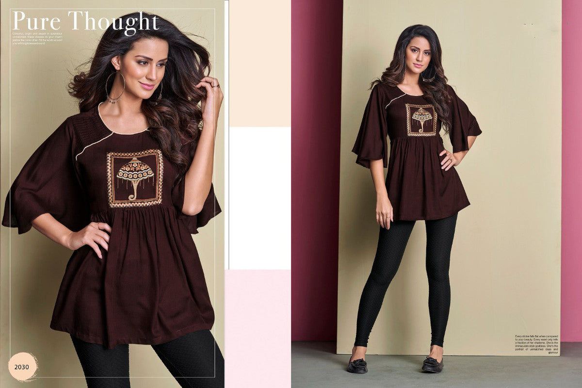 Brown Coloured Designer Rayon Embroidered Short Top!!