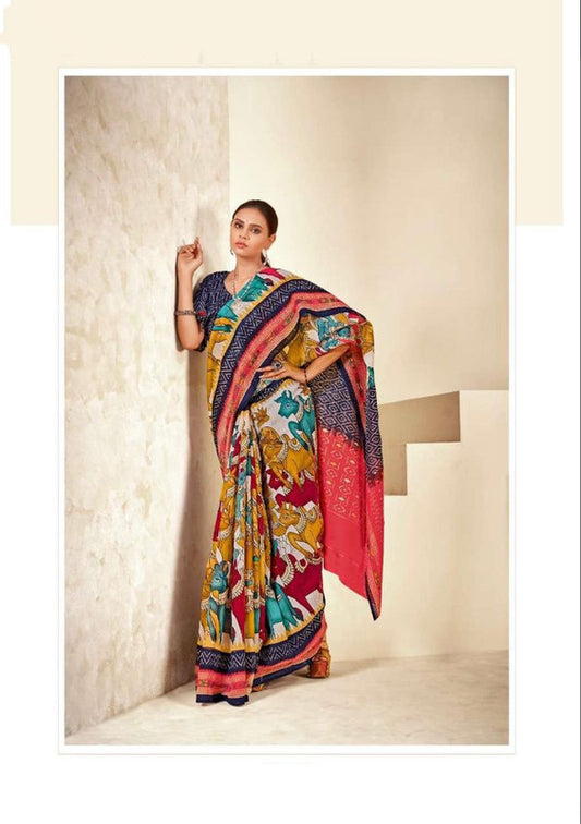 Navy Blue & Multi Coloured Soft Chanderi Cotton with Bagru Print Women Party wear Saree with Beautiful matching Blouse!!