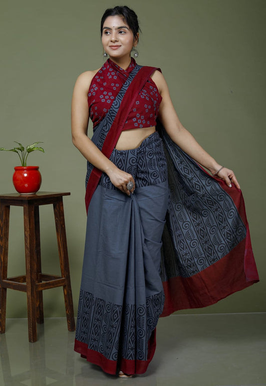 Dark Grey & Maroon Coloured Hand Printed Super dying Quality Mul Cotton Women Daily wear Saree with Blouse!!