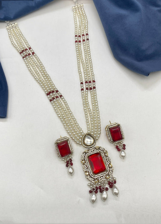 Exclusive Maroon & White Coloured Premium Quality Pure Brass with Pearls Real Victorian set with Earrings for Women!!