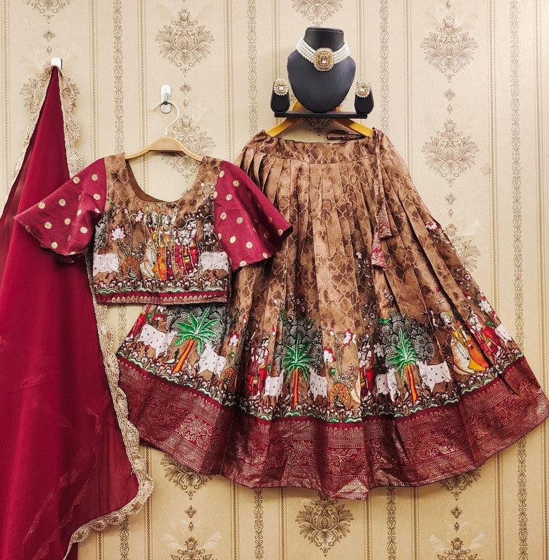 Brown & Multi Coloured Premium Soft Zari Silk with Designer Foil-Work & Zari Weaving Girls Lehenga Choli with Dupatta!!