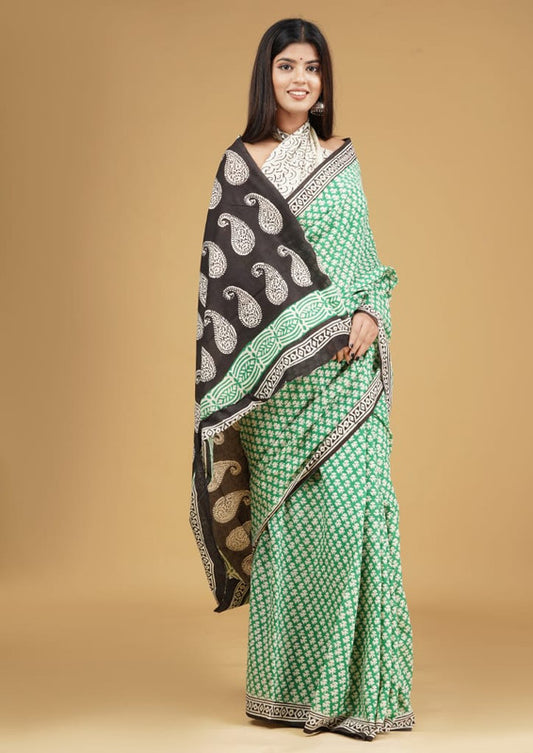 Light Green & Multi Coloured Pure Cotton with Beautiful Hand Block Printed Women Party/Daily wear Designer Cotton Saree with Blouse!!