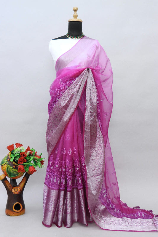 Purple Coloured Pure Organza Kora Silk Jaqucard Fnacy Hand dying Women Party wear Saree with Blouse!!