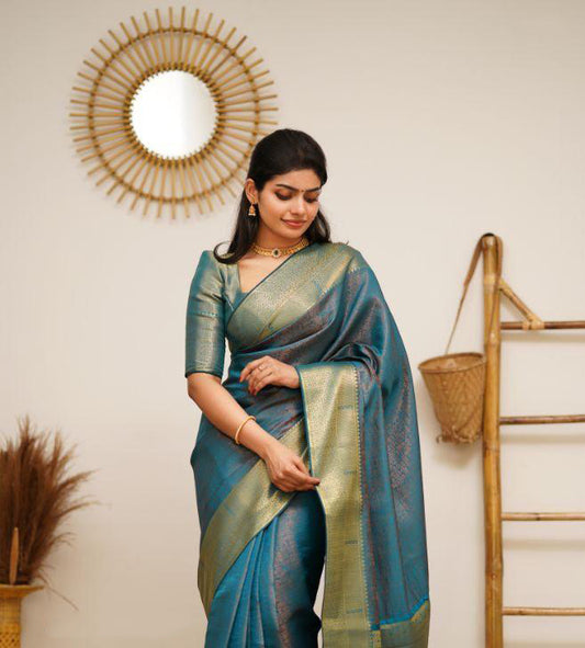 Sky Blue Coloured Exclusive Kubera Pattu Women Party wear Pure Kanjivaram Silk Saree with Brocade Blouse!!