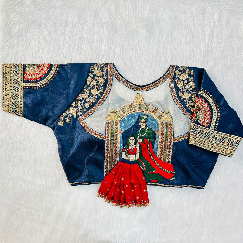 Navy Blue Milan Silk Heavy Embroidery Raja Rani Bridal work Ready made Designer Wedding Blouse!!