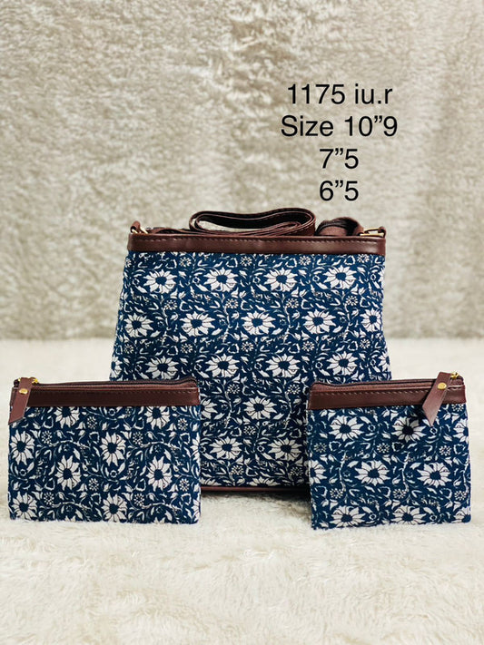 Blue & White Coloured Pure Cotton Ikkat Print Women Sling Bang- 3 PCS Combo( Sling Bag, Big Pouch & Small Pouch )!!