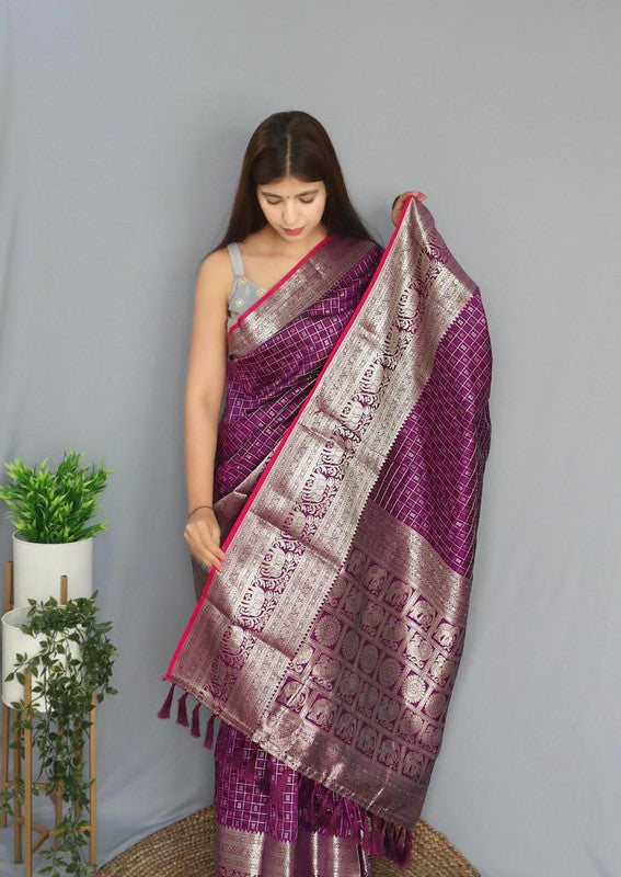 Purple & Red Coloured Beautiful Shiny Checks with Rich Pallu and attractive Border Women Designer Party wear Soft Silk Saree with Blouse!!