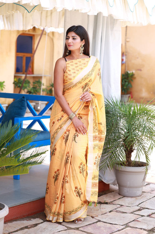 BEAUTIFUL LINEN HAND BLOCK PRINT SAREE