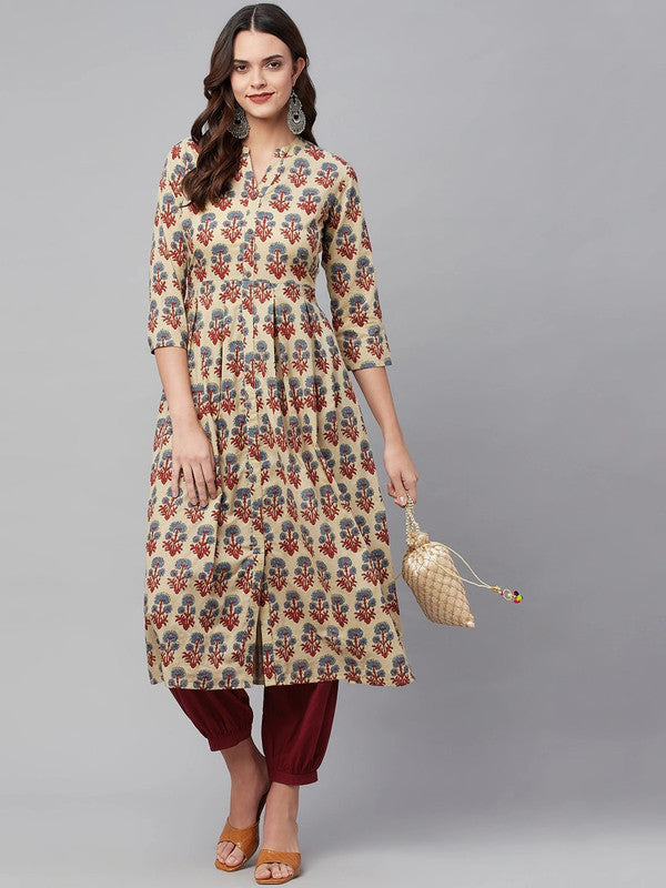 Beige Coloured Pure Cotton Floral Printed Sequinned A-line shape V neck 3/4Sleeves Women Designer Party/Daily wear Kurti with Salwar!!