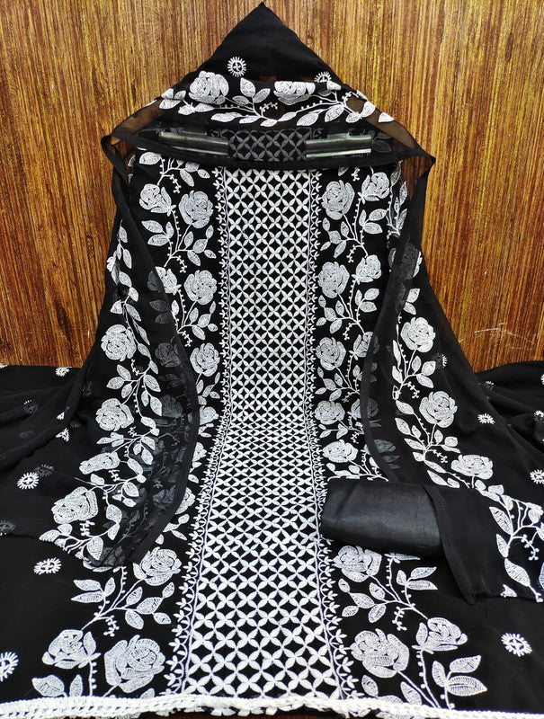 Black Coloured Exclusive Georgette Lucknow Chickankari Embroidery work Dress Material Suit!!