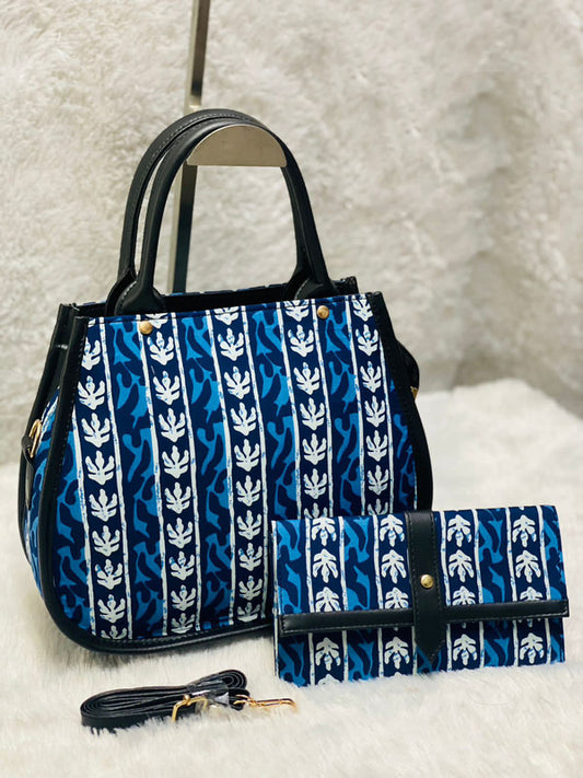 Blue & White Coloured Beautiful Hand Printed Cotton Long Belt Women HandBang with Clutch Bag- 2 Pcs Combo!!