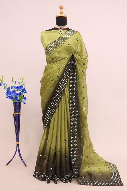 Light & Dark Mehendi Green Coloured Shimmer Padding & Embroidery with original mirror work Women Designer Party wear Fancy Saree with Blouse!!