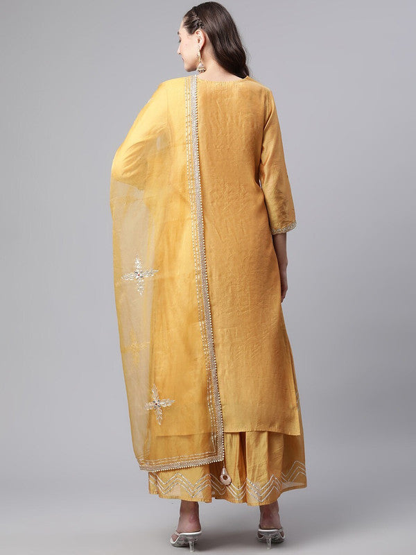 Yellow Coloured Chanderi silk Straight Shape Women Yoke Designer Party/Daily wear Kurti with Sharara & Dupatta!!