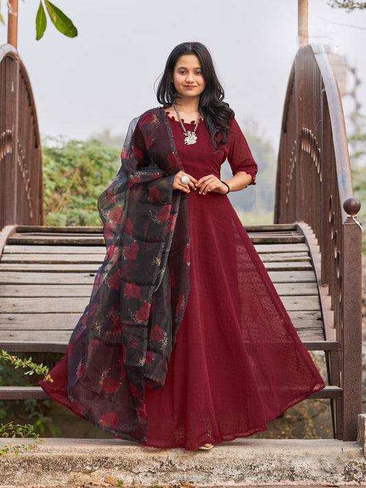 Maroon Heavy faux Georgette Designer Party wear Full Flair Gown Kurti with Digital print Dupatta!!