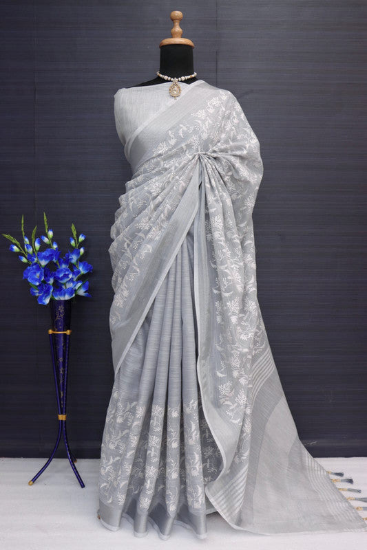 Grey Coloured Luknawi Chiken Work Handloom Linen Cotton with Fancy Tassels Women Designer Party wear Saree with Blouse!!